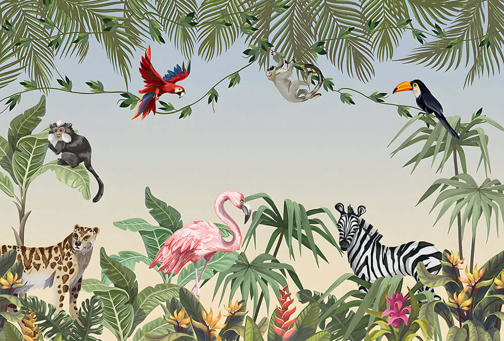 Tropical Jungle Animal Wallpaper – Natural Adventure Decor with lush tropical leaves, exotic animals like flamingo, zebra, toucan in a jungle scene