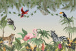 Tropical Jungle Animal Wallpaper – Natural Adventure Decor with lush tropical leaves, exotic animals like flamingo, zebra, toucan in a jungle scene