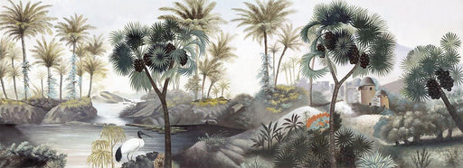 Tropical Oasis Wallpaper Mural: Vintage Hand-Painted Palm Trees, Egrets & River Landscape
