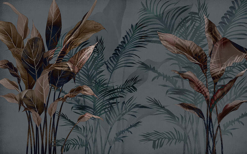 Tropical plant wallpaper mural | Brown green leaves - dark gray base with brownish green leaves, forest style secret realm decor for living room or bedroom