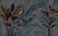 Tropical plant wallpaper mural | Brown green leaves - dark gray base with brownish green leaves, forest style secret realm decor for living room or bedroom
