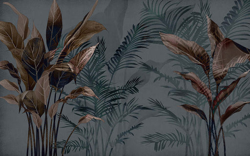 Tropical plant wallpaper mural | Brown green leaves - dark gray base with brownish green leaves, forest style secret realm decor for living room or bedroom