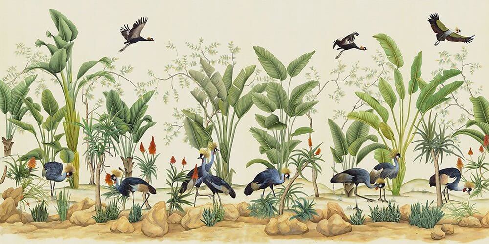 Tropical Flamingo & Parrot Wallpaper Mural | Botanical Déco Murale | Fait Main Look