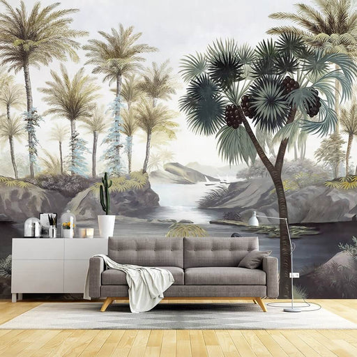 Tropical Oasis Wallpaper Mural: Vintage Hand-Painted Palm Trees, Egrets & River Landscape - tropical interior wall art with palm trees and serene river scene