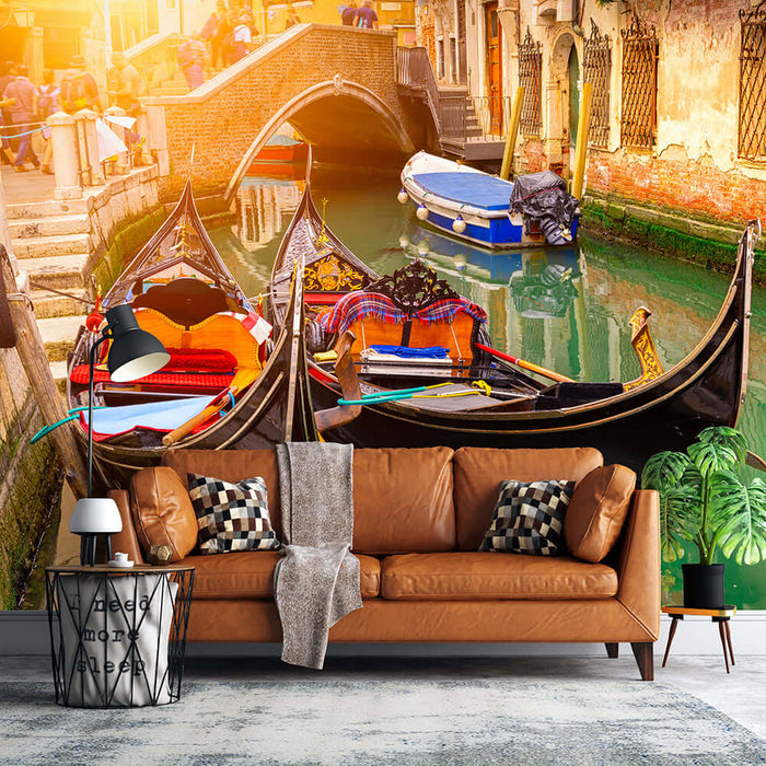 Venice Water Lane Landscape Wallpaper | European Water City Murals — Venice waterway with gondolas and canal scenery enhances living room backdrop