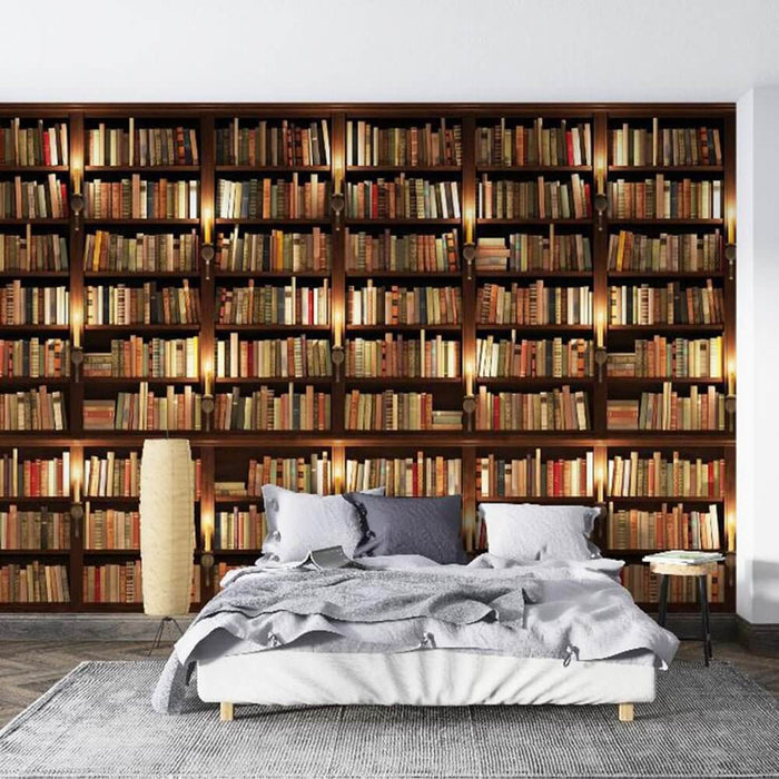 Vintage Book Wall Wallpaper Mural: lifelike bookshelf mural transforming bedroom into a scholarly retreat with richly colored books and warm lighting
