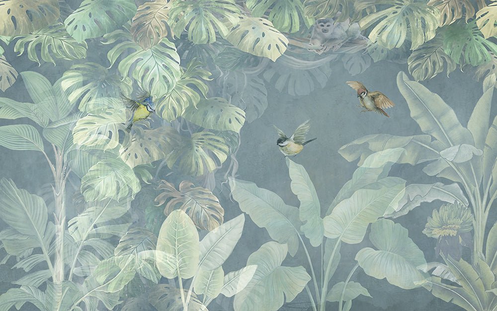 Vintage Hand-Painted Tropical Rainforest Mural – Monstera, Birds & Whimsical Monkeys