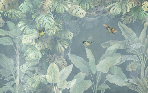 Vintage Hand-Painted Tropical Rainforest Mural – Monstera, Birds & Whimsical Monkeys