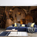 Vintage metal craft wallpaper mural | Metal lamp: Moroccan-inspired living room with a blue sofa, patterned metal lanterns, and warm lighting