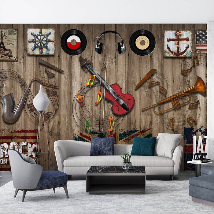 Vintage Music Wallpaper Mural – Retro Instruments & Vinyl Records on Industrial Wood Texture