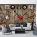 Vintage Music Wallpaper Mural – Retro Instruments & Vinyl Records on Industrial Wood Texture