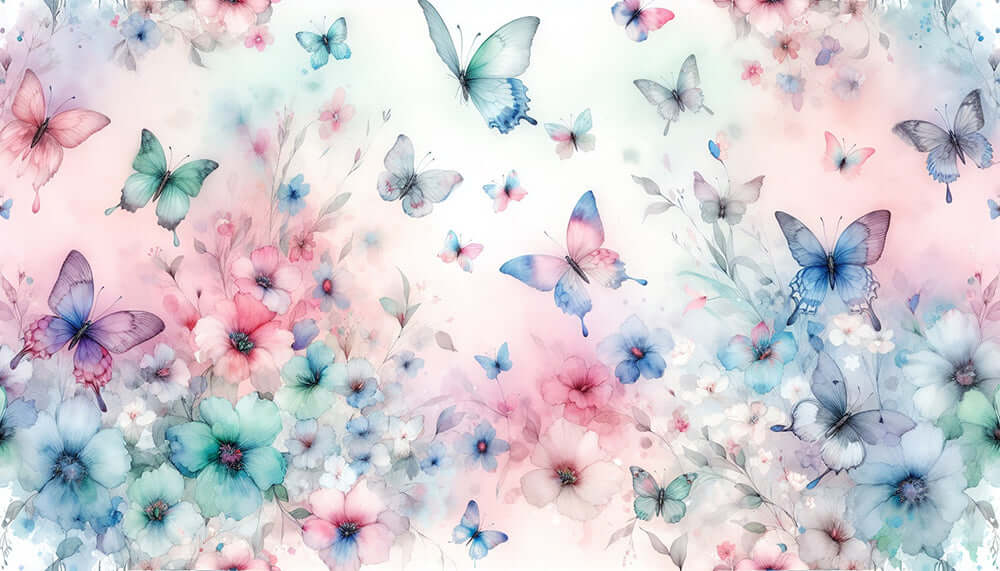 Watercolor Butterfly Flower Wallpaper with delicate blossoms and butterflies in soft pastel colors.