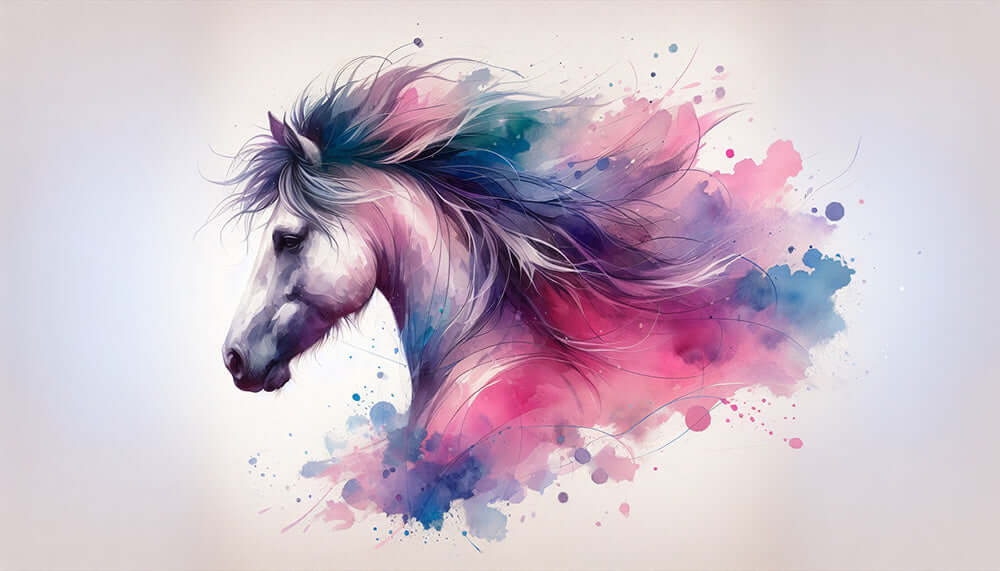 Watercolor horse wallpaper featuring a colorful horse illustration with delicate lines and vibrant watercolor splashes.