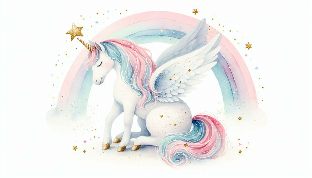 Watercolor unicorn mural wallpaper featuring a serene unicorn with rainbow and celestial details in a dreamy design.