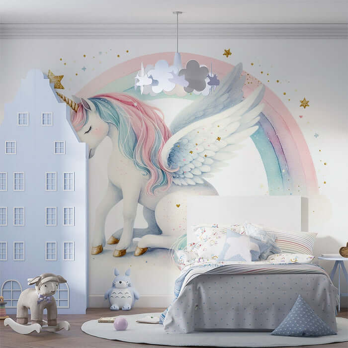 watercolor unicorn mural wallpaper in a dreamy kids room with soft rainbow and celestial details