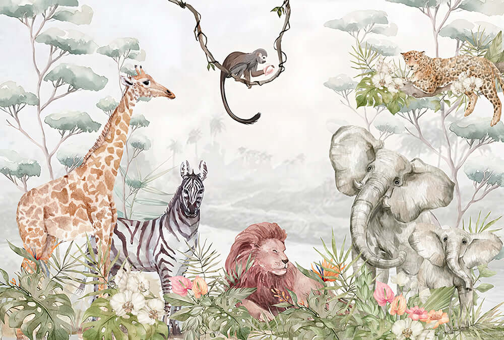 Watercolor jungle animal wallpaper featuring giraffe, zebra, lion, elephant, and plants for decor.