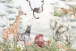 Watercolor jungle animal wallpaper featuring giraffe, zebra, lion, elephant, and plants for decor.