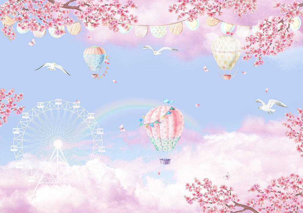 Cherry Blossom Hot Air Balloon Wallpaper | Sweet Decoration Painting in Children's Room Bedroom
