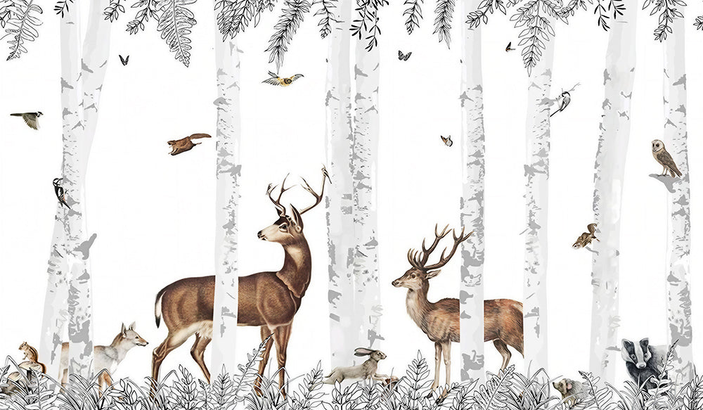 Birch Forest Animal Wallpaper | Living Room and Study Natural Decorative Wall