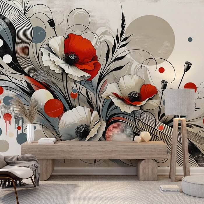 Abstract Flower Explosion Mural: High-Contrast Red & Gray for Industrial Chic Interiors