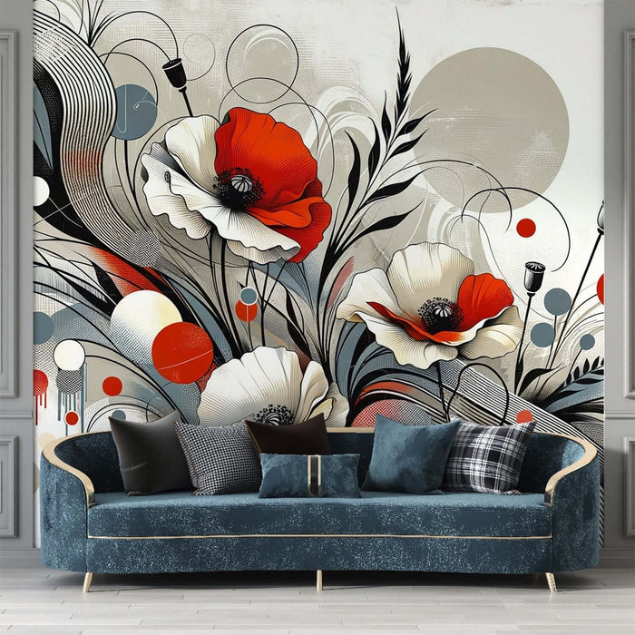 Abstract Flower Explosion Mural: High-Contrast Red & Gray for Industrial Chic Interiors