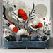Abstract Flower Explosion Mural: High-Contrast Red & Gray for Industrial Chic Interiors