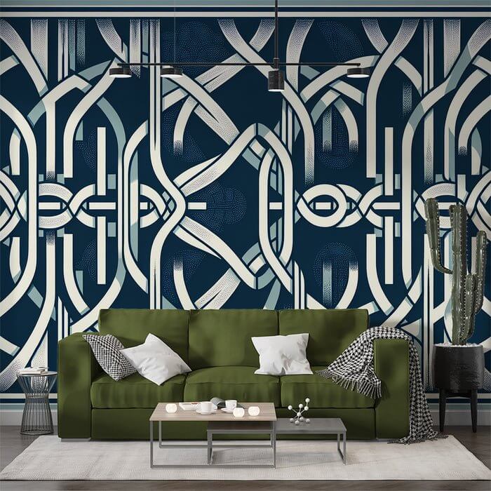 Abstract Line Art Wallpaper Mural | Serene Blue & Crisp White Décor