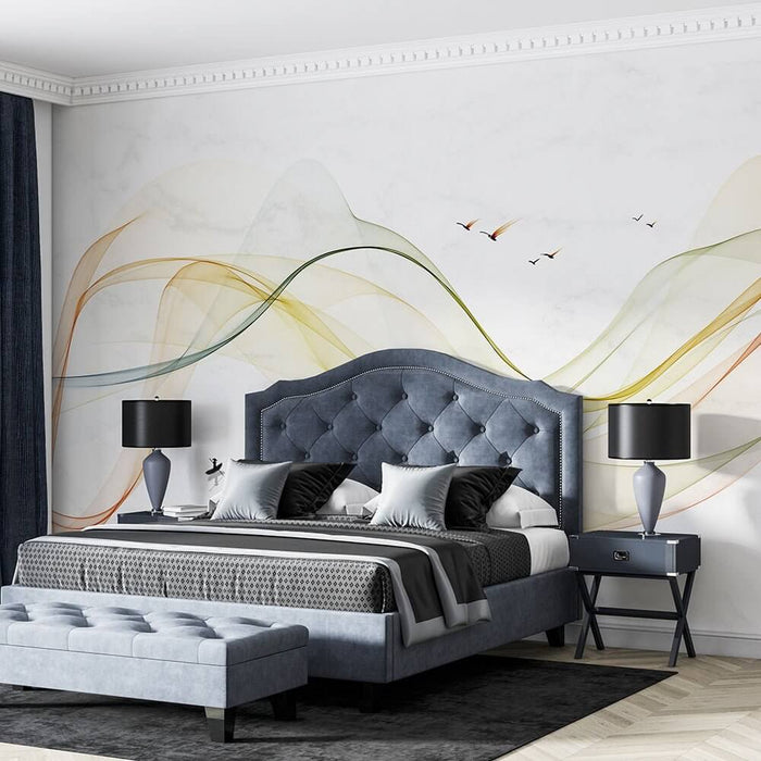 Abstract Line Landscape Wallpaper Mural | Bedroom and Living Room Decoration - Chinese-style abstract line mountain and water wallpaper with flowing ribbons, zen ambience, perfect living room focal point