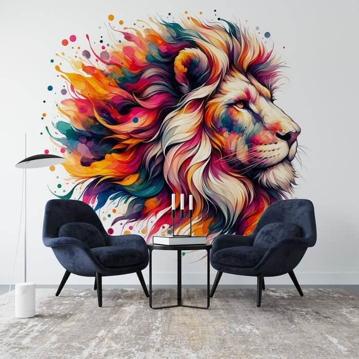 Abstract Lion Wallpaper Mural | Vibrant Color Art | Modern Statement Wall Décor - colorful lion mural artwork for bold living room decor