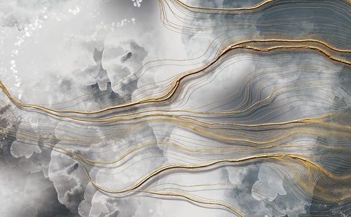 Abstract style wallpaper mural | Grey white background with golden lines - Carving wallpaper