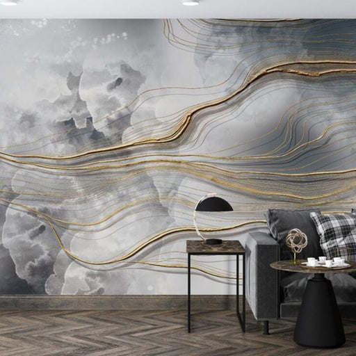 Abstract style wallpaper mural | Grey white background with golden lines - Carving wallpaper