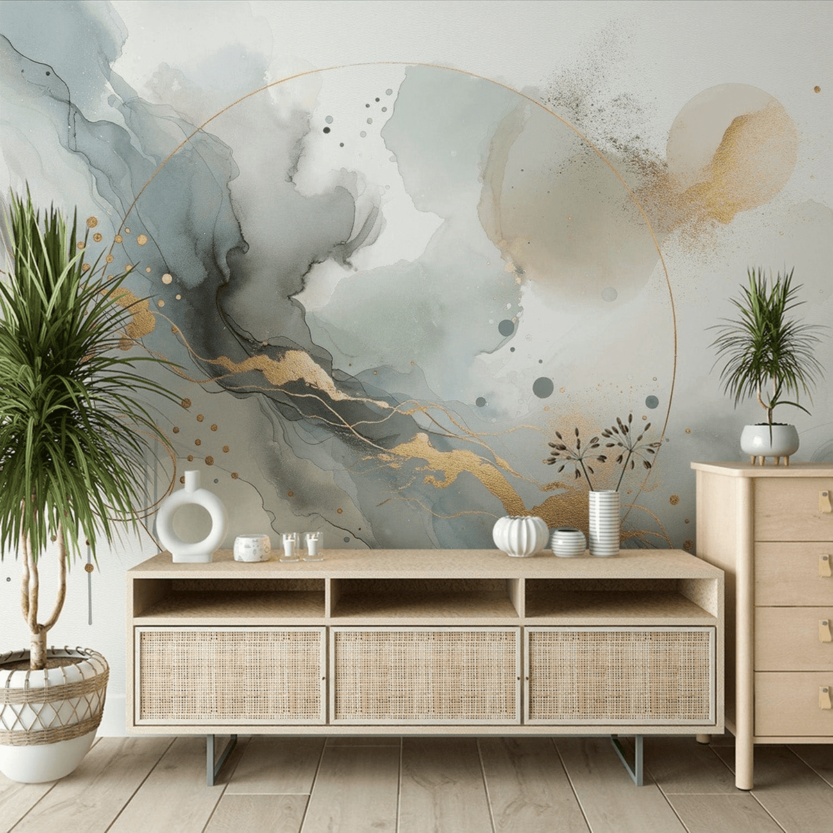Abstract wallpaper with dull colors and golden lines in watercolor ...