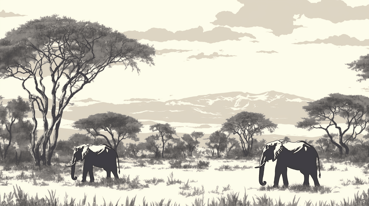 African Elephant Wallpaper Mural | Vintage Safari Theme | Neutral Tone Wildlife Decor