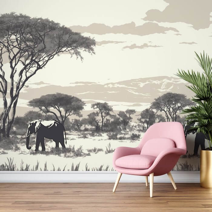 African Elephant Wallpaper Mural | Vintage Safari Theme | Neutral Tone Wildlife Decor