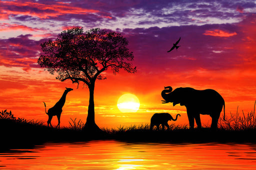 African Grassland Wallpaper Mural | Animal Silhouettes+Sunset Gradient