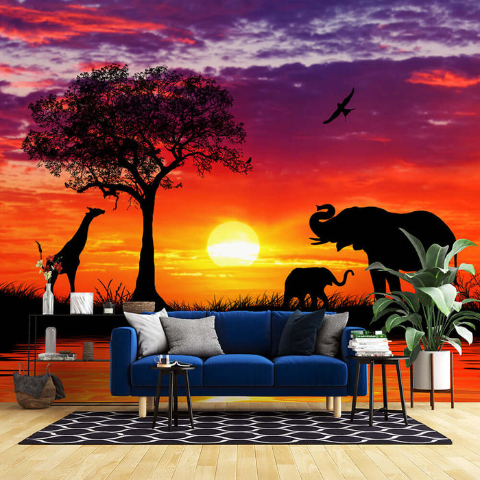 African Grassland Wallpaper Mural | Animal Silhouettes+Sunset Gradient