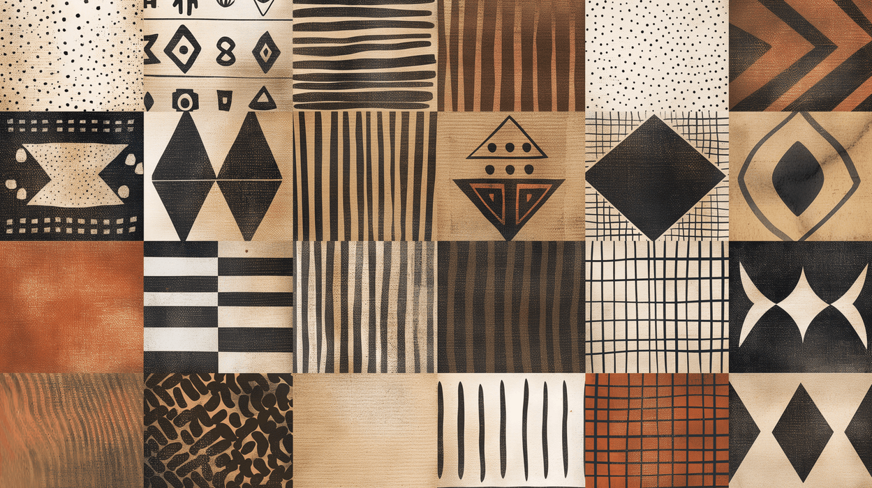 African tribal style wallpaper mural | Geometric patterns in black, white, and brown colors - Carving wallpaper