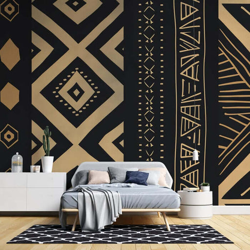 African Tribal Wallpaper in Gold & Black | Ethno-Geometric Design | Premium Vinyl Mural - bold black and gold geometric tribal motifs decorative wall mural