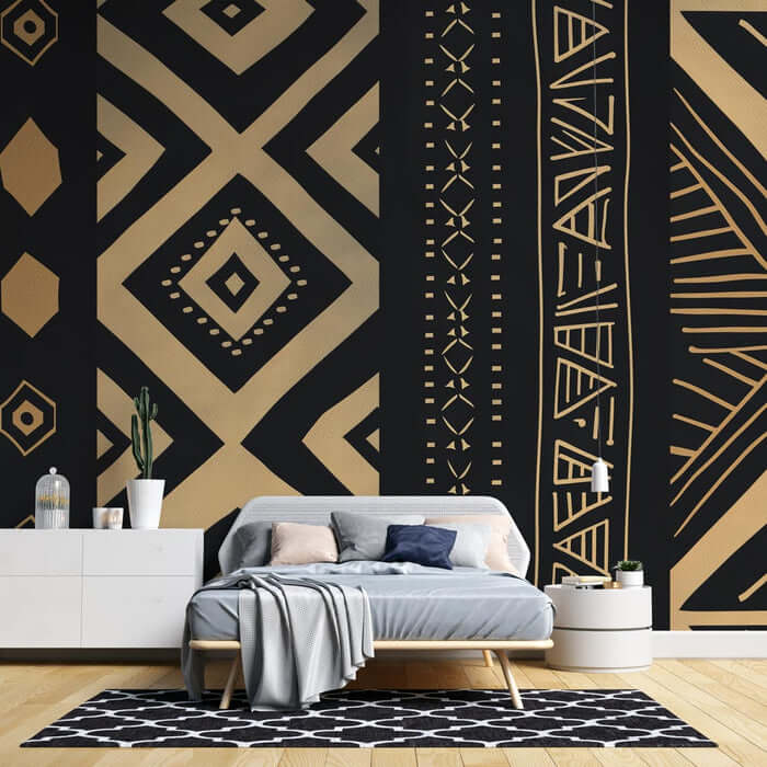 African Tribal Wallpaper in Gold & Black | Ethno-Geometric Design | Premium Vinyl Mural - bold black and gold geometric tribal motifs decorative wall mural