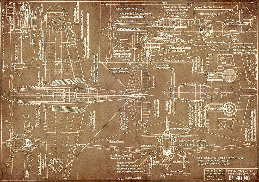 Aircraft blueprint wallpaper mural | Mechanical elements - Carving wallpaper