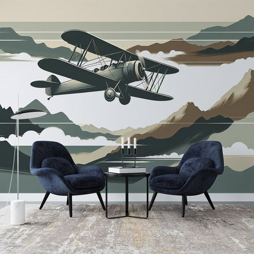 Airplane Wallpaper Mural | Neutral toned Mountains and Planes - Carving wallpaper