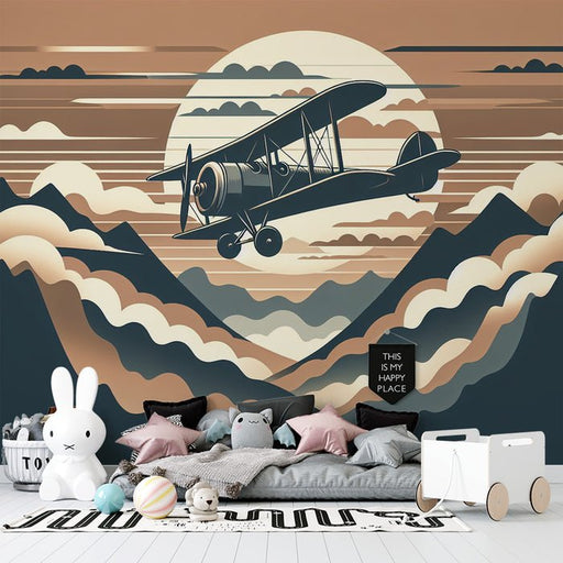 Airplane Wallpaper Mural | Sunset and Mountain Silhouettes - Carving wallpaper