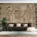 Ancient Egyptian relief wallpaper | Egyptian cultural and artistic murals: relief hieroglyphs and pharaonic figures adorn a living room wall