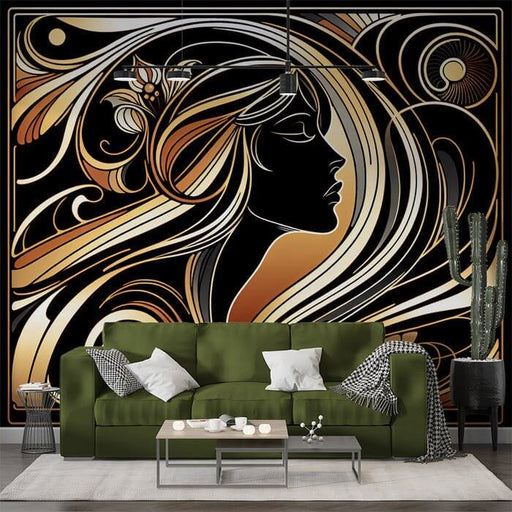 Art Deco Black Gold Female Silhouette Wallpaper Mural - Elegant Wall Décor for Bedroom & Living Room