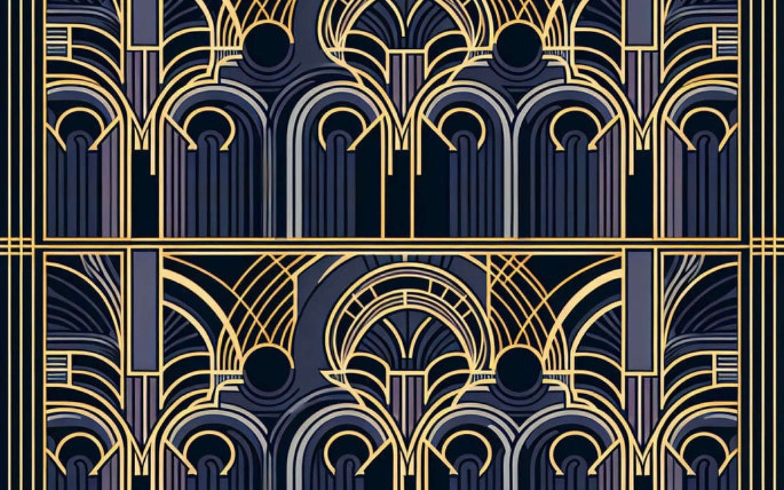 Art Deco Geometric Line Wallpaper Mural | Luxury Blue & Gold Accent Wall - Bedroom & Living Room Décor