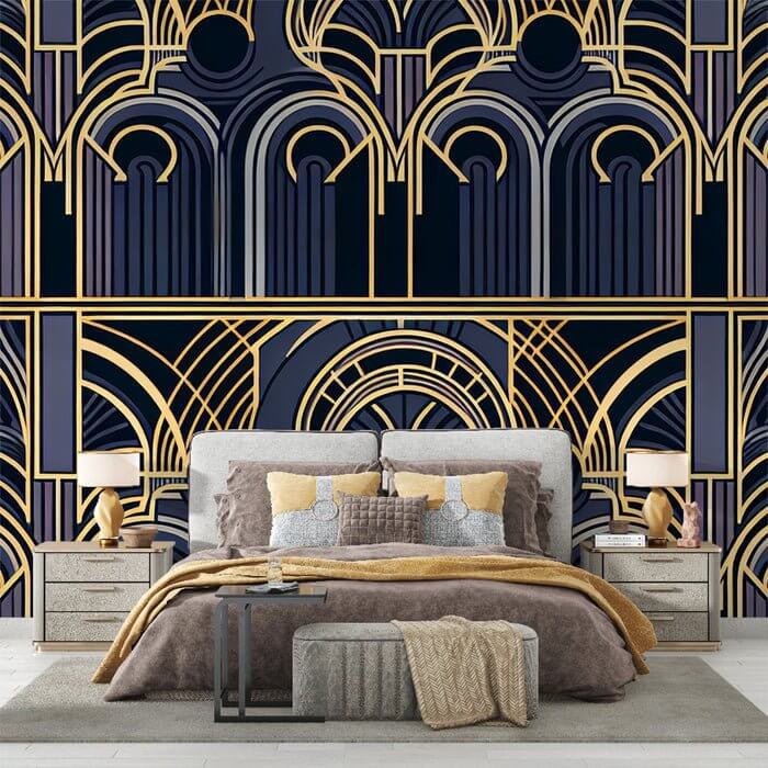 Art Deco Geometric Line Wallpaper Mural | Luxury Blue & Gold Accent Wall - Bedroom & Living Room Décor