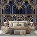 Art Deco Geometric Line Wallpaper Mural | Luxury Blue & Gold Accent Wall - Bedroom & Living Room Décor
