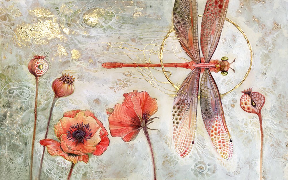 Art hand - painted flower dragonfly wallpaper mural | Poppy flowers, dragonflies - Carving wallpaper