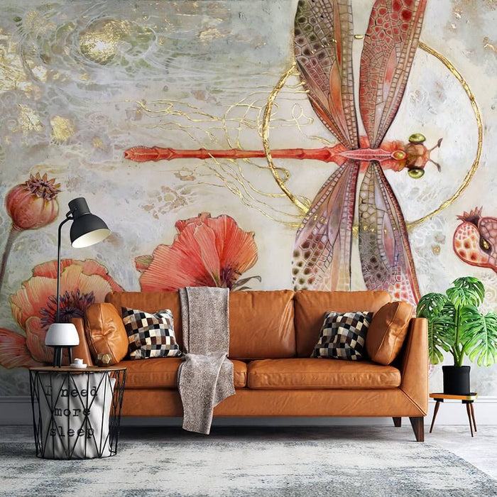 Art hand-painted flower dragonfly wallpaper mural | Poppy flowers, dragonflies