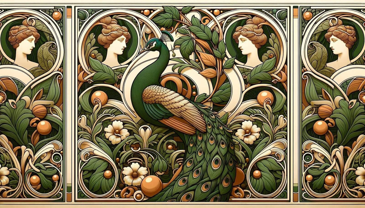 Art Nouveau Peacock Wallpaper | Classical Portrait & Botanical Mural with Luxury Gold Details